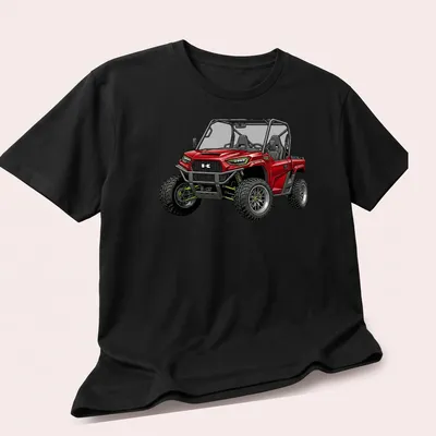 Detailed illustration of a red UTV with text 'Kawasaki Ridge XR Deluxe' — printed on a unisex t-shirt (angled view)