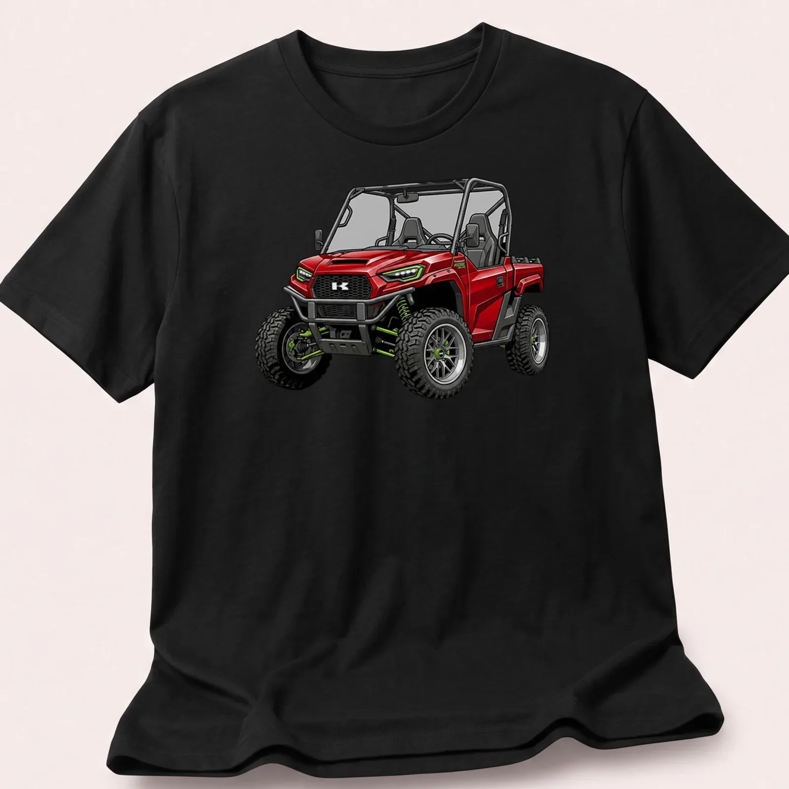 Detailed illustration of a red UTV with text 'Kawasaki Ridge XR Deluxe' — printed on a unisex t-shirt