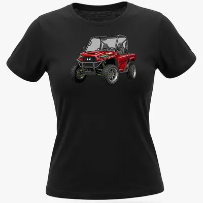 Detailed illustration of a red UTV with text 'Kawasaki Ridge XR Deluxe' — printed on a women's shirt