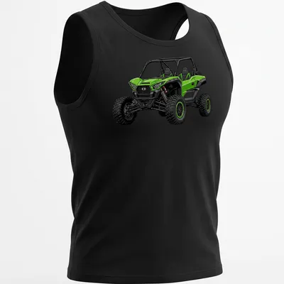 Illustration of a green Kawasaki Teryx KRX 1000 ES sport UTV — printed on a tank top
