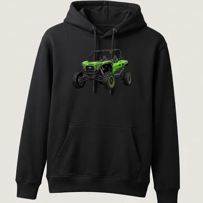 Illustration of a green Kawasaki Teryx KRX 1000 ES sport UTV — printed on a unisex hoodie