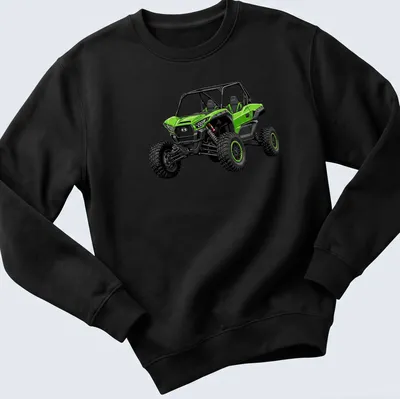 Illustration of a green Kawasaki Teryx KRX 1000 ES sport UTV — printed on a unisex sweatshirt