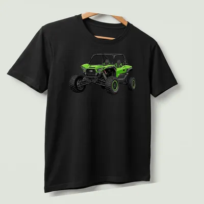 Illustration of a green Kawasaki Teryx KRX 1000 ES sport UTV — printed on a unisex t-shirt (angled view)