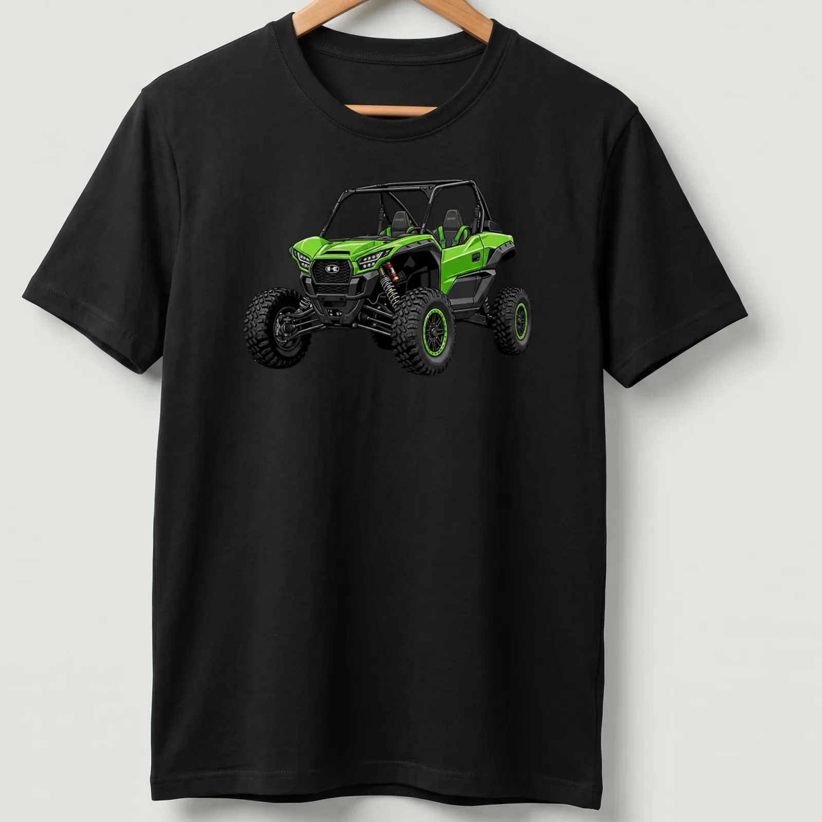 Illustration of a green Kawasaki Teryx KRX 1000 ES sport UTV — printed on a unisex t-shirt