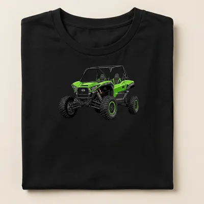 Illustration of a green Kawasaki Teryx KRX 1000 ES sport UTV — printed on a women's shirt