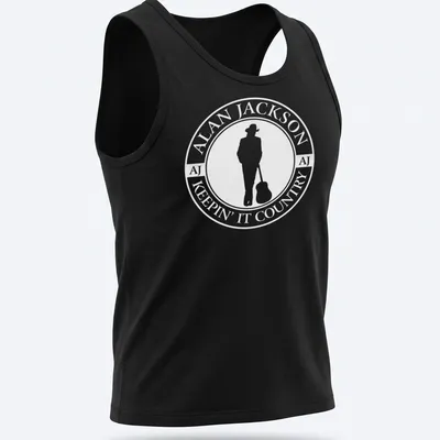 Circular logo t-shirt featuring Alan Jackson silhouette with guitar in black and white — printed on a tank top