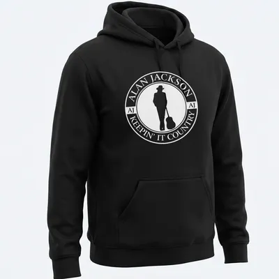 Circular logo t-shirt featuring Alan Jackson silhouette with guitar in black and white — printed on a unisex hoodie