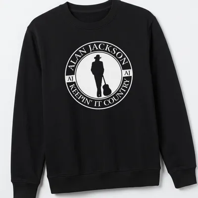 Circular logo t-shirt featuring Alan Jackson silhouette with guitar in black and white — printed on a unisex sweatshirt