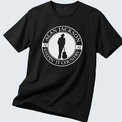 Circular logo t-shirt featuring Alan Jackson silhouette with guitar in black and white — printed on a unisex t-shirt