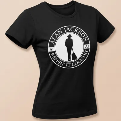 Circular logo t-shirt featuring Alan Jackson silhouette with guitar in black and white — printed on a women's shirt