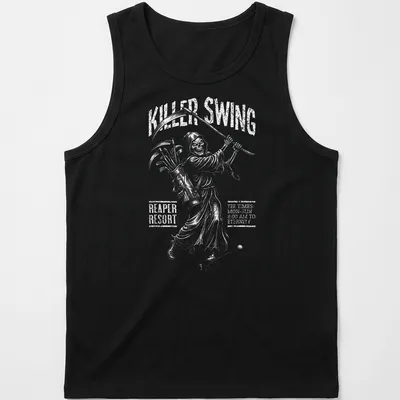 Cartoon grim reaper golfer with humorous text about eternal golf hours — printed on a tank top