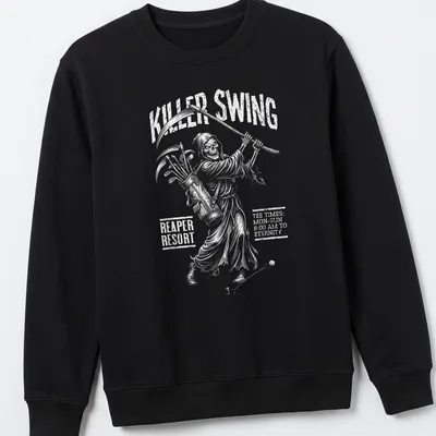 Cartoon grim reaper golfer with humorous text about eternal golf hours — printed on a unisex sweatshirt