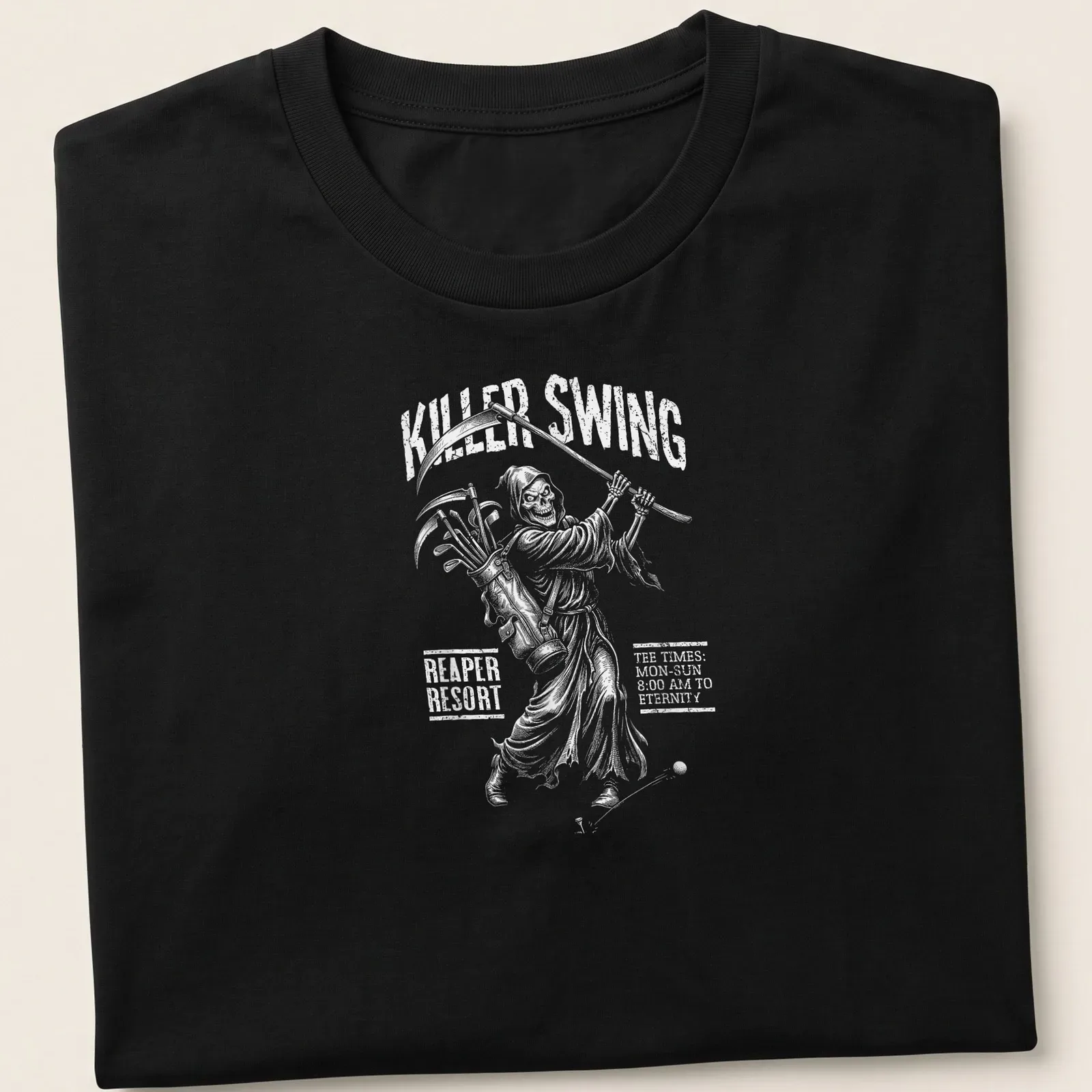 Cartoon grim reaper golfer with humorous text about eternal golf hours — printed on a unisex t-shirt