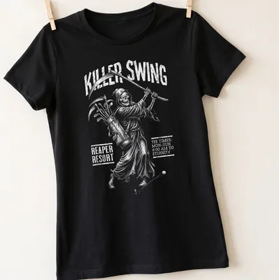 Cartoon grim reaper golfer with humorous text about eternal golf hours — printed on a women's shirt
