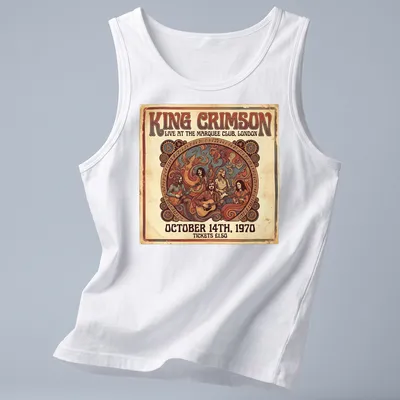 Vintage retro King Crimson concert tee featuring a colorful design of performing musicians — printed on a tank top