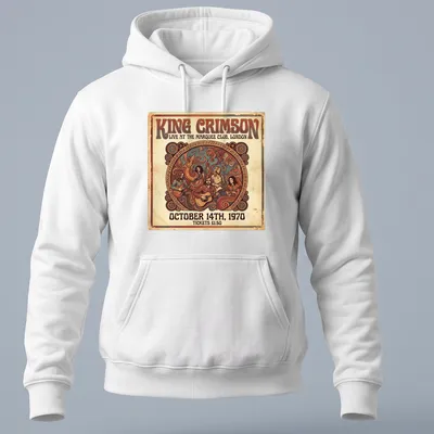 Vintage retro King Crimson concert tee featuring a colorful design of performing musicians — printed on a unisex hoodie