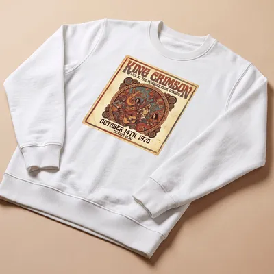 Vintage retro King Crimson concert tee featuring a colorful design of performing musicians — printed on a unisex sweatshirt