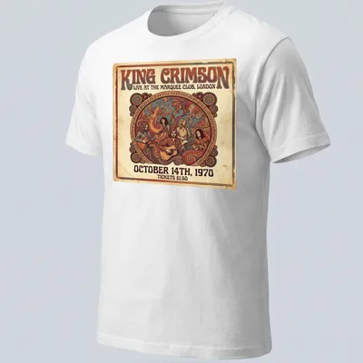 Vintage retro King Crimson concert tee featuring a colorful design of performing musicians — printed on a unisex t-shirt