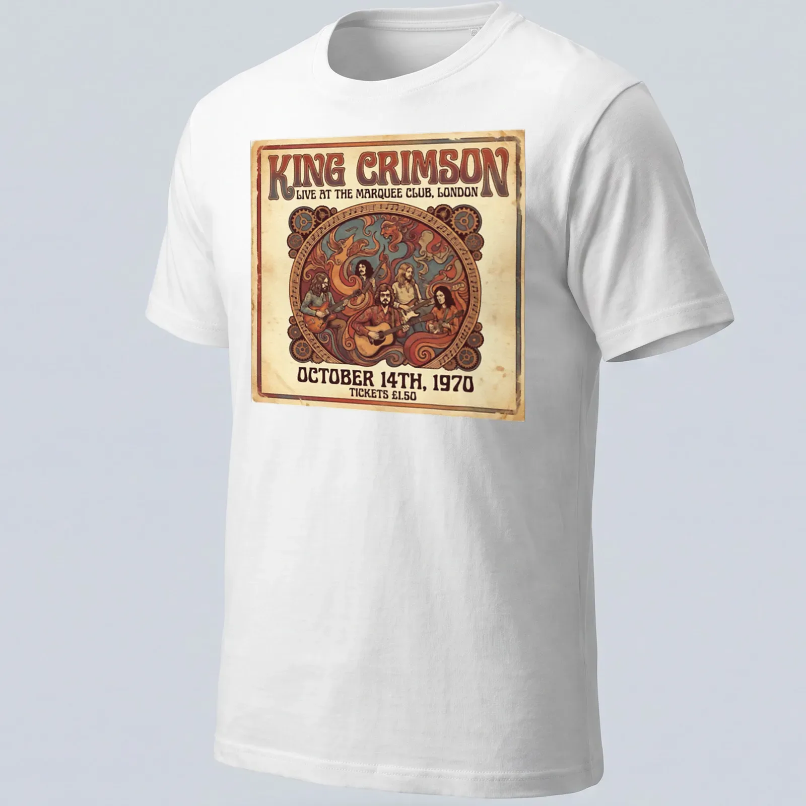 Vintage retro King Crimson concert tee featuring a colorful design of performing musicians — printed on a unisex t-shirt