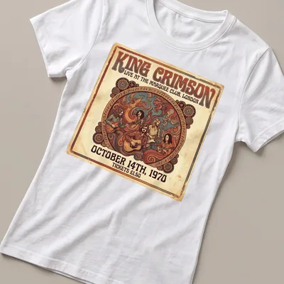 Vintage retro King Crimson concert tee featuring a colorful design of performing musicians — printed on a women's shirt