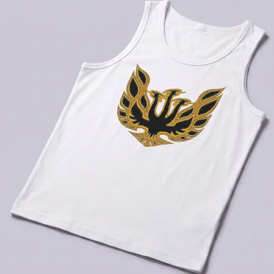 Bold graphic of King Ghidorah with golden wings on a black background — printed on a tank top