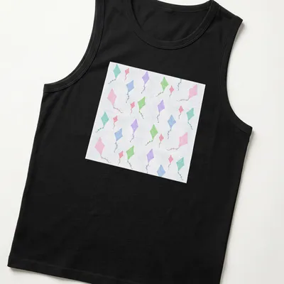 Watercolor design of colorful kites against a light blue sky — printed on a tank top