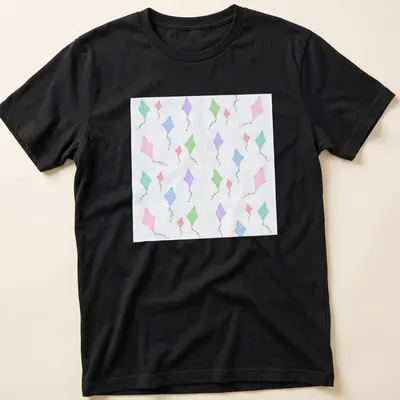 Watercolor design of colorful kites against a light blue sky