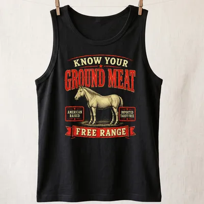 Vintage retro t-shirt featuring a wild horse and text about ground meat quality — printed on a tank top