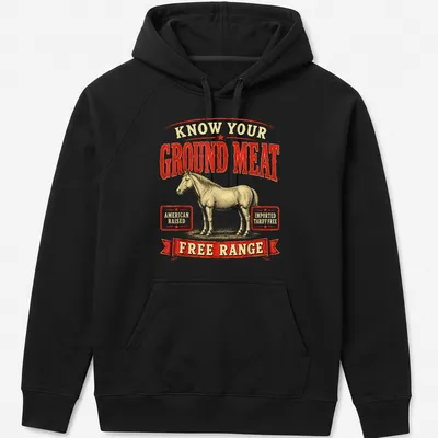 Vintage retro t-shirt featuring a wild horse and text about ground meat quality — printed on a unisex hoodie
