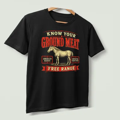 Vintage retro t-shirt featuring a wild horse and text about ground meat quality — printed on a unisex t-shirt (angled view)