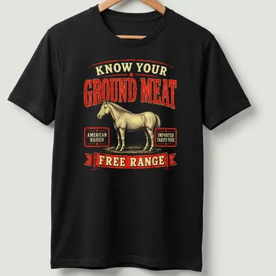 Vintage retro t-shirt featuring a wild horse and text about ground meat quality