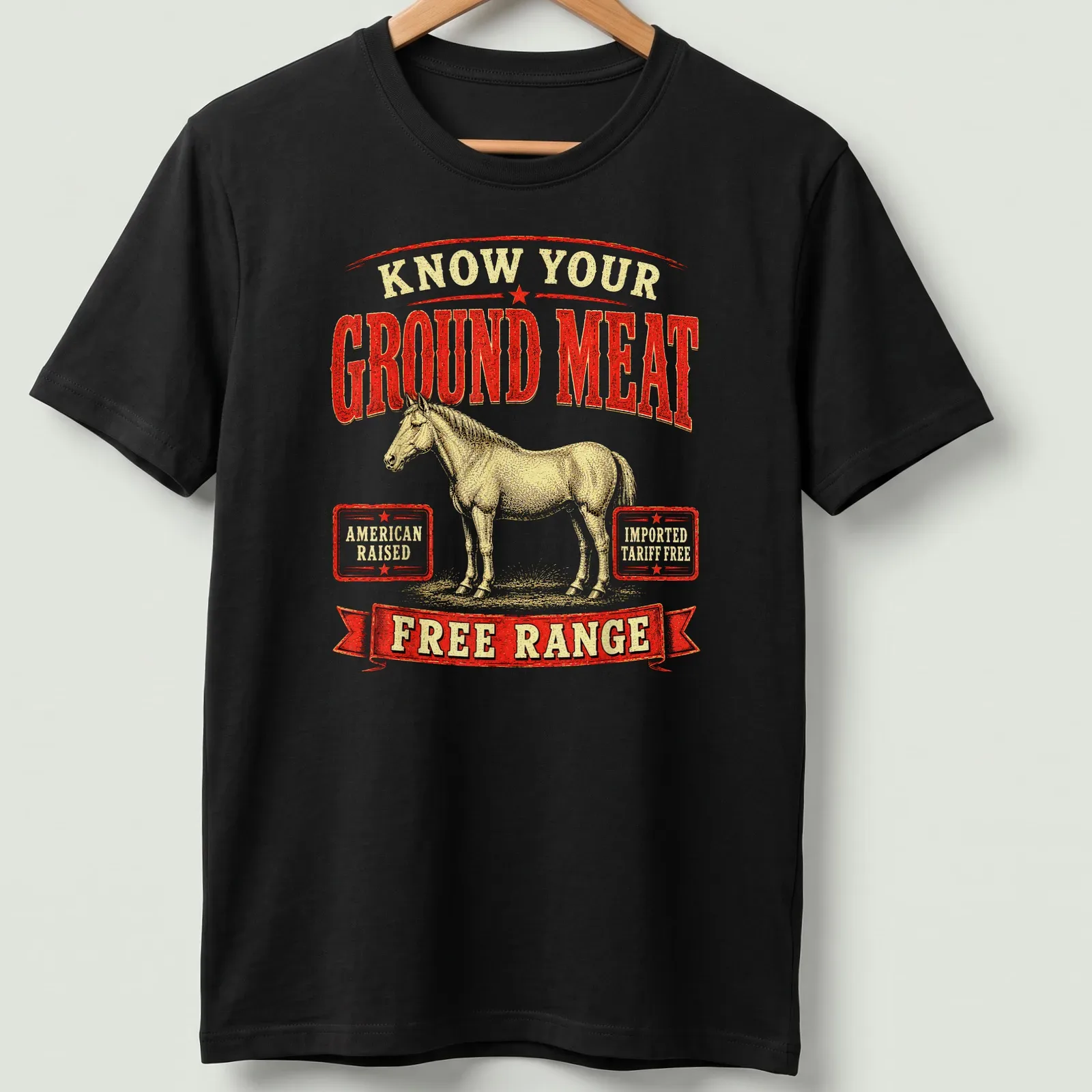 Vintage retro t-shirt featuring a wild horse and text about ground meat quality — printed on a unisex t-shirt
