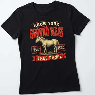 Vintage retro t-shirt featuring a wild horse and text about ground meat quality — printed on a women's shirt