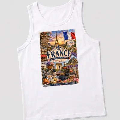 Vintage travel tee featuring Eiffel Tower and French slogan in classic colors — printed on a tank top