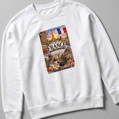 Vintage travel tee featuring Eiffel Tower and French slogan in classic colors — printed on a unisex sweatshirt