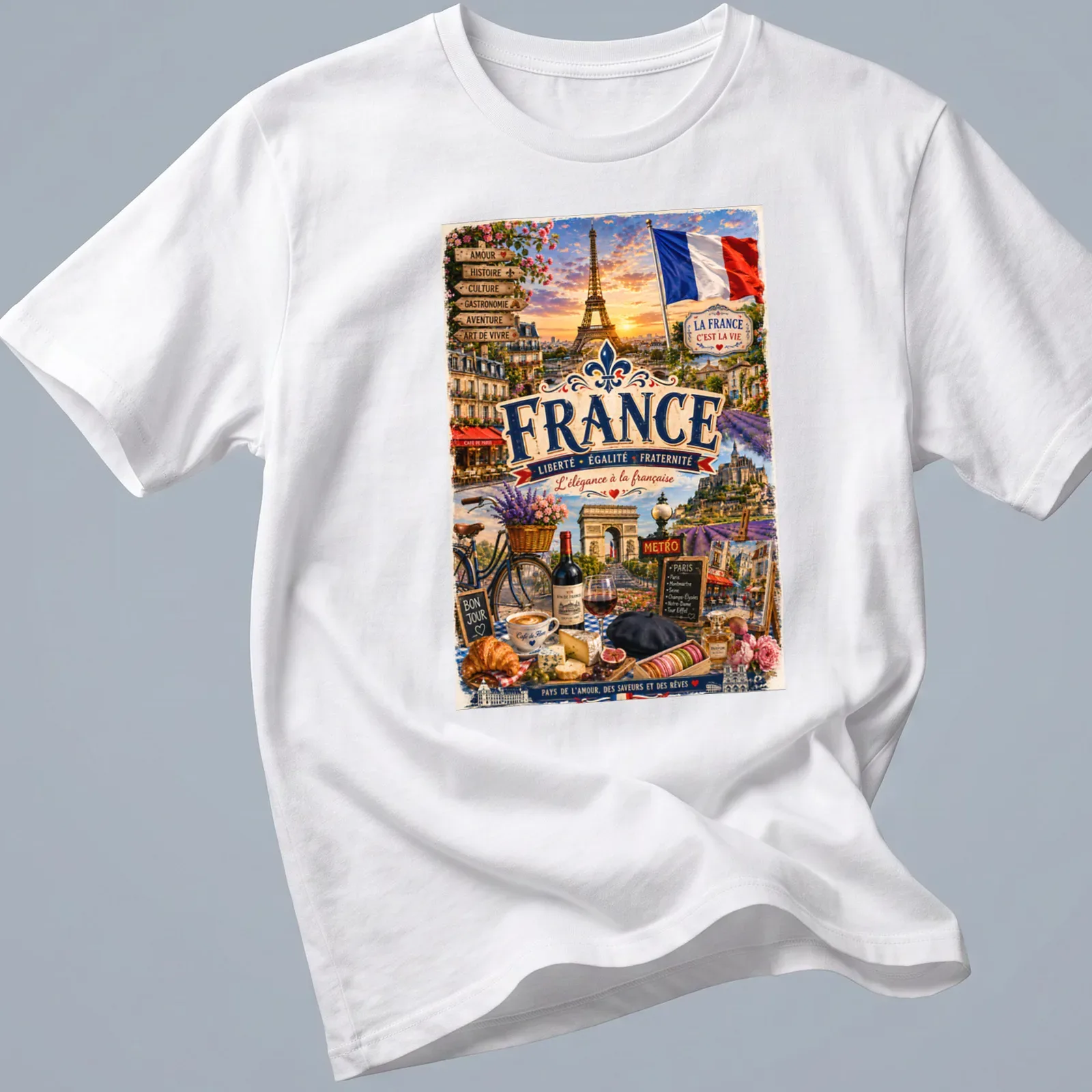 Vintage travel tee featuring Eiffel Tower and French slogan in classic colors — printed on a unisex t-shirt
