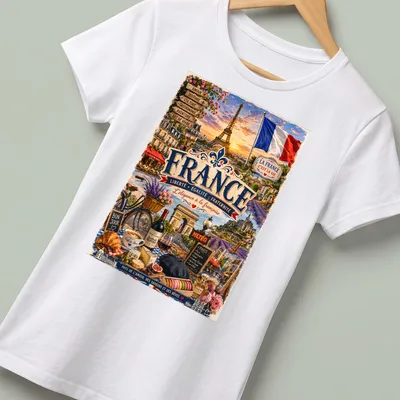 Vintage travel tee featuring Eiffel Tower and French slogan in classic colors — printed on a women's shirt