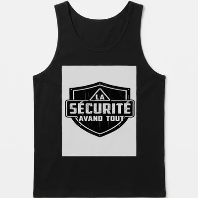 Vintage distressed shirt featuring a bold shield design and text about safety — printed on a tank top
