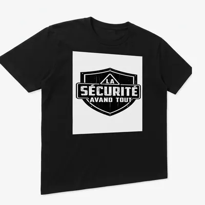 Vintage distressed shirt featuring a bold shield design and text about safety — printed on a unisex t-shirt (angled view)