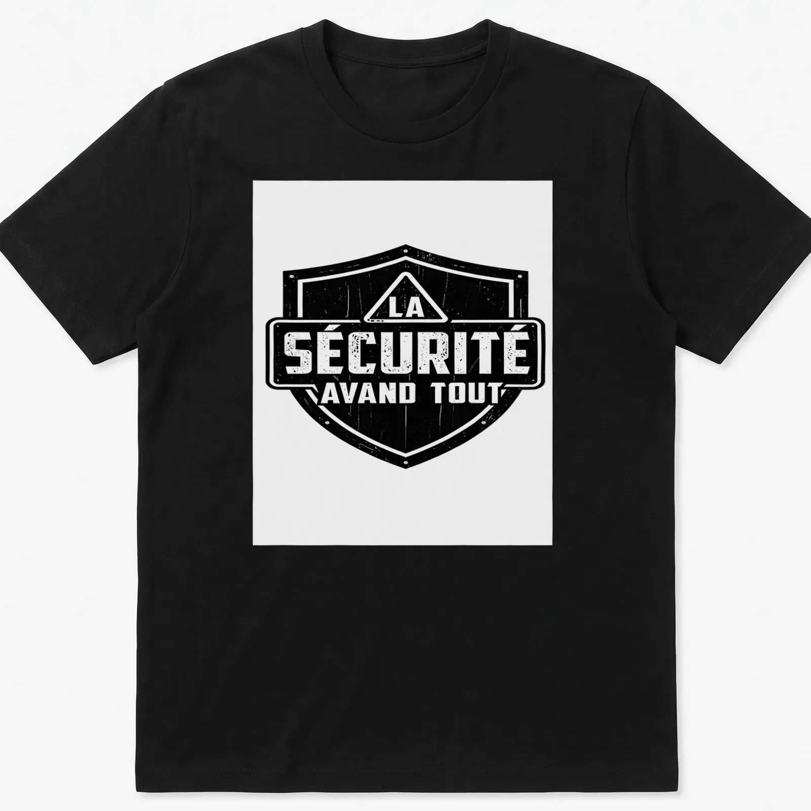Vintage distressed shirt featuring a bold shield design and text about safety — printed on a unisex t-shirt