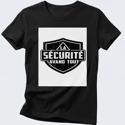 Vintage distressed shirt featuring a bold shield design and text about safety — printed on a women's shirt