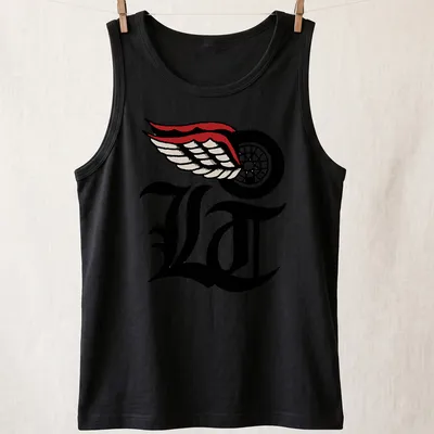 Bold LA logo with wings in black, white, red, and cream — printed on a tank top