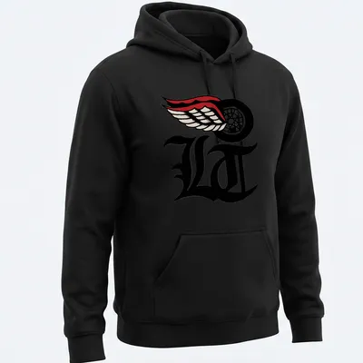 Bold LA logo with wings in black, white, red, and cream — printed on a unisex hoodie