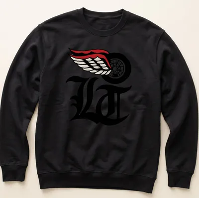 Bold LA logo with wings in black, white, red, and cream — printed on a unisex sweatshirt