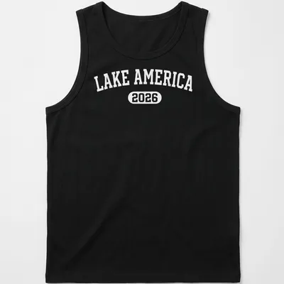 Vintage Lake America 2026 T-shirt with retro text design on a white background — printed on a tank top