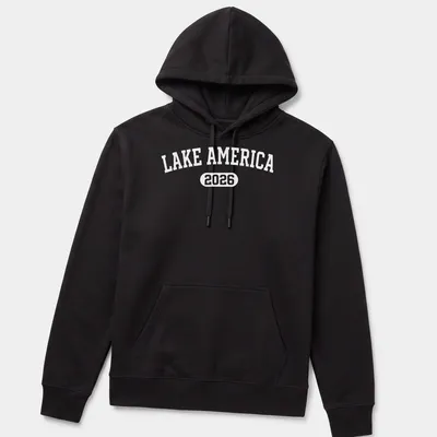 Vintage Lake America 2026 T-shirt with retro text design on a white background — printed on a unisex hoodie