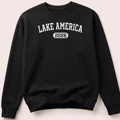 Vintage Lake America 2026 T-shirt with retro text design on a white background — printed on a unisex sweatshirt