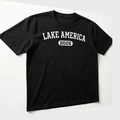 Vintage Lake America 2026 T-shirt with retro text design on a white background — printed on a unisex t-shirt (angled view)
