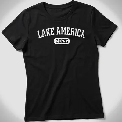 Vintage Lake America 2026 T-shirt with retro text design on a white background — printed on a women's shirt