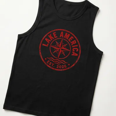 Vintage distressed shirt featuring a compass design with red and white text. — printed on a tank top
